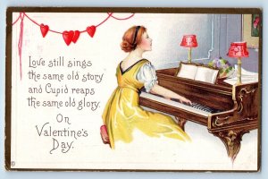 Carlton Oregon OR Postcard Valentine Pretty Woman Playing Piano Love Still Sings