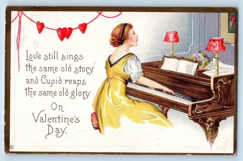 Carlton Oregon OR Postcard Valentine Pretty Woman Playing Piano Love Still Sings