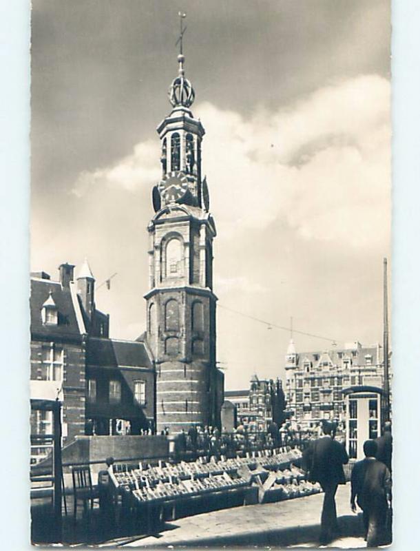 old rppc CLOCK TOWER BESIDE BUILDINGS Amsterdam Netherlands HM1477