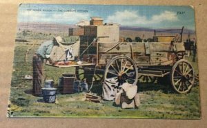 .01 1945 USED LINEN POSTCARD THE CHUCK WAGON, THE COWBOYS KITCHEN