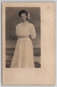 RPPC Lovely Edwardian Woman Pretty White Dress And Ocean Backdrop Postcard P21