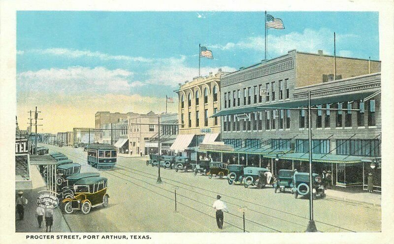 Automobiles Procter Street Port Arthur Texas Teich 1920s Trolley Postcard 5666