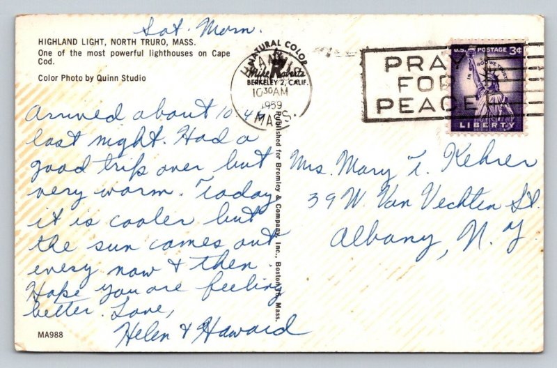 1959  Highland Lighthouse  North Truro  Cape Cod  Massachusetts   Postcard