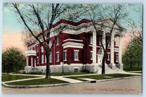 Lawrence Kansas Postcard Christian Church Exterior Building Trees Street c1910