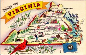 VINTAGE POSTCARD ANIMATED PICTORIAL GREETINGS MAP OF STATE OF VIRGINIA 1965