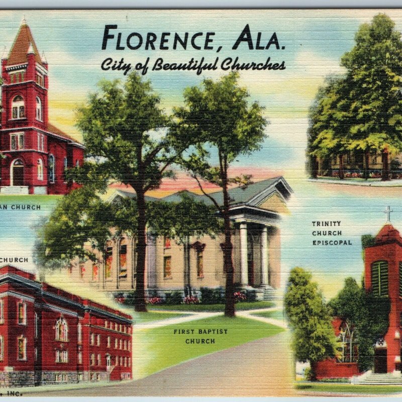 c1940s Florence AL City of Beautiful Churches Multi-View Linen Christian PC A203