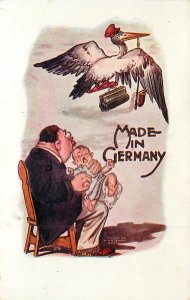 Man Holds Baby Stork Flies Away Smoking After Delivery Made in Germany Postcard