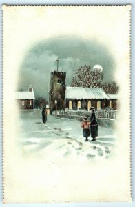 c1890s Church Scene Lithograph Die Cut Victorian Trade Card Winter Xmas Snow C20