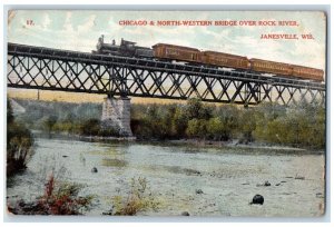 c1950 Chicago North Western Truss Bridge Rock River Train Janesville WI Postcard 