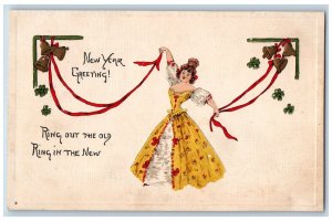 New Year Postcard Greetings Pretty Woman Ringing Bells Holly Berries Embossed