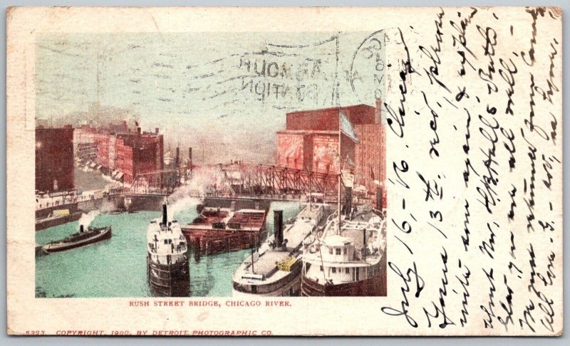 Chicago Illinois 1906 Postcard Rush Street Bridge Boats