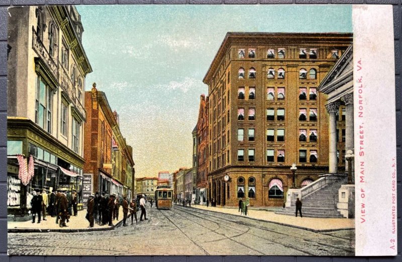 Vintage Postcard 1901-1907 Main Street with Electric Car Norfolk Virginia