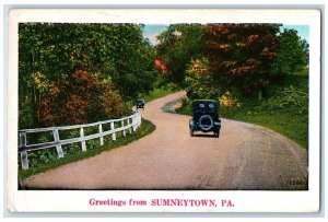 1935 Greetings From Sumneytown Classic Cars Vintage Road Pennsylvania Postcard