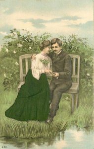 1908 Romance Couple Applied Silk Dress artist impression Postcard 21-12114