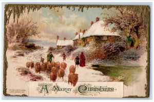 1913 Christmas Man Grazing Sheep Winter Snow John Winsch Artist Signed Postcard