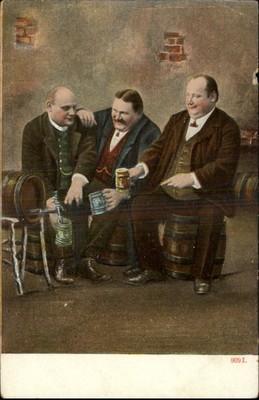 Men w Beer Steins and Keg DRINKING COMIC c1910 Postcard