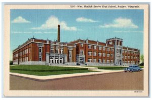 Horlick Senior High School Building Car Street View Racine Wisconsin WI Postcard