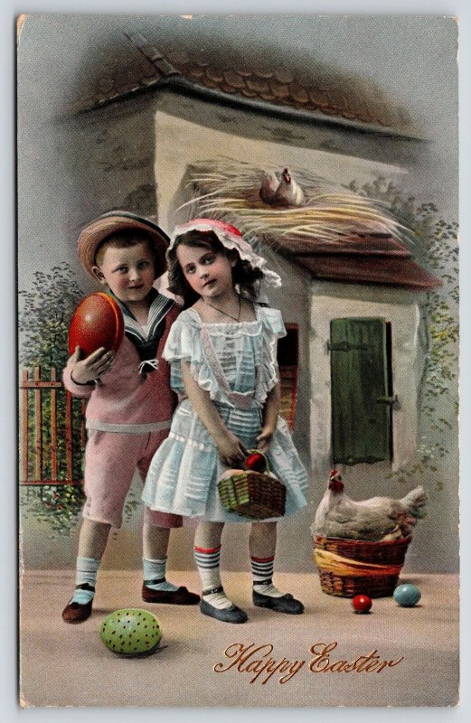 Easter~Victorian Children Outside Hen House~Colored Eggs~GEL Germany~c1910 RPPC 