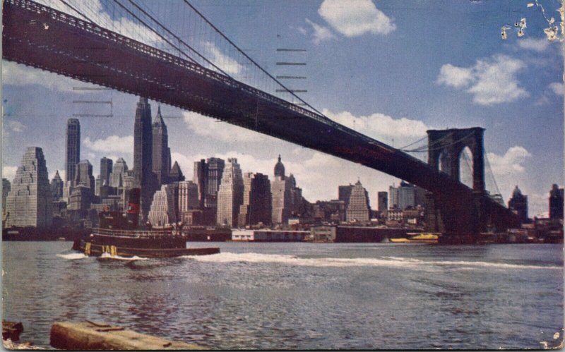 1949 Kodachrome Color Card - Brooklyn Bridge - brooklyn New York NYC Tugboat