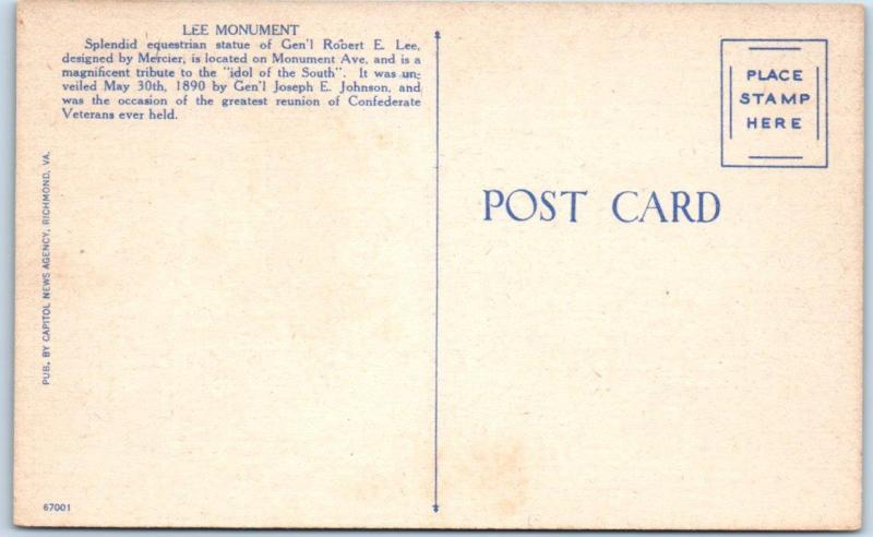 RICHMOND, Virginia  VA    ROBERT E. LEE Confederate Monument  Linen Postcard