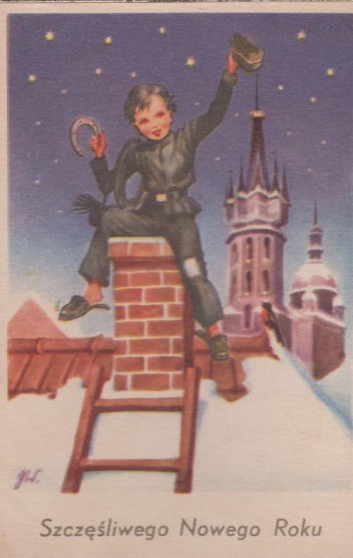 Polish Santa Claus Type Robber Going Down Chimney Poland Christmas Postcard