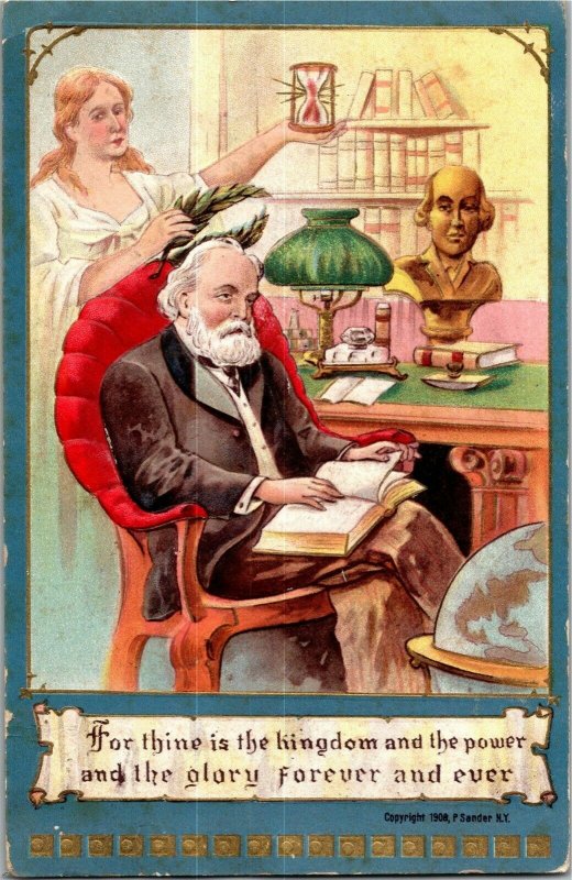 Man Reading Book While Hourglass Runs Out Embossed c1909 Vintage Postcard L22