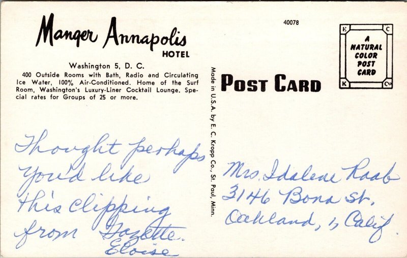 Vtg Washington DC Manger Annapolis Hotel Chrome View Postcard