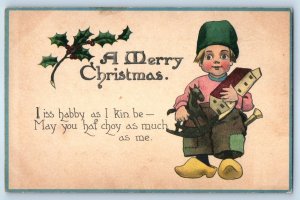 c1910's Christmas Dutch Boy With Horse Toy Holly Berries Antique Postcard