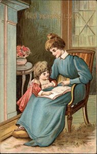 Mother and Little Girl with Book First Reading Lesson c1910 Vintage Postcard