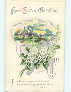 Divided-Back Easter CHURCH & SILVER JESUS CROSS AND FLOWERS o5758