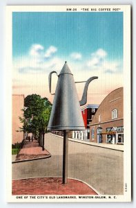 Big Coffee Pot City Landmark Winston Salem North Carolina Linen Postcard Unused