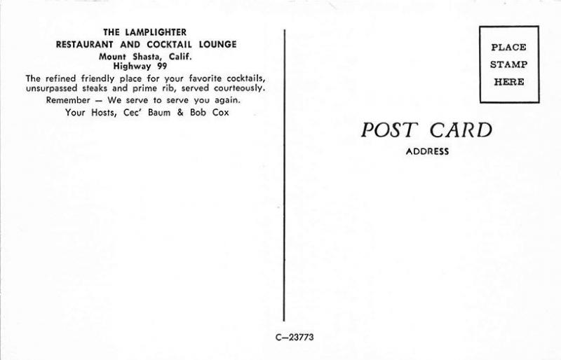Mount Shasta CA Lamplighter Drive-In Restaurant Old Cars Postcard