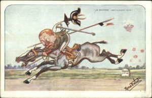 WWI Propaganda German Soldier Escapes on Horse MARNE 1914 Rene Frebets PC