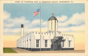 Linen Postcard; Art Deco Building Worsham Post 40 American Legion Henderson KY