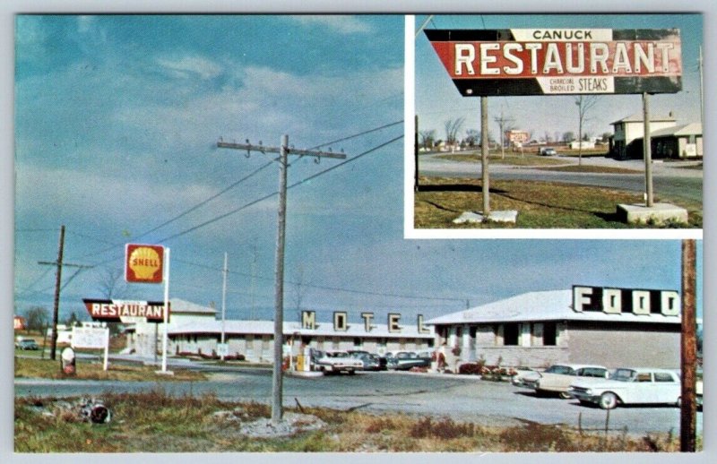 Canuck Restaurant, Napanee Ontario, Shell Gas, Motel, Old Cars, Vintage Postcard