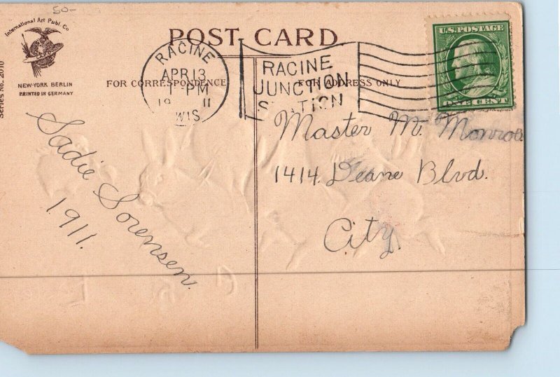 Easter Postcard Anthropomorphic Chicks Riding Rabbit Clapsaddle Racine WI 1911