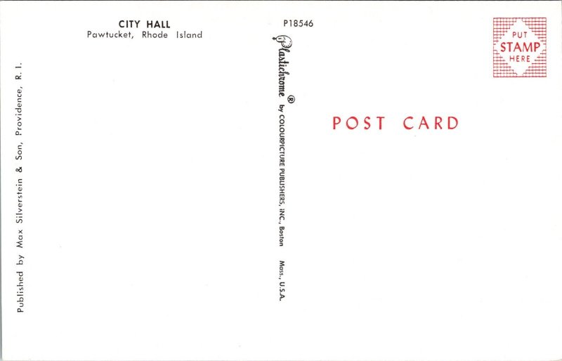 City Hall Pawtucket RI Old Car Postcard UNP VTG Plastichrome Unused KA13