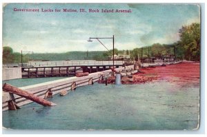1909 Rock Island Lake Arsenal Government Locks Moline Illinois Vintage Postcard