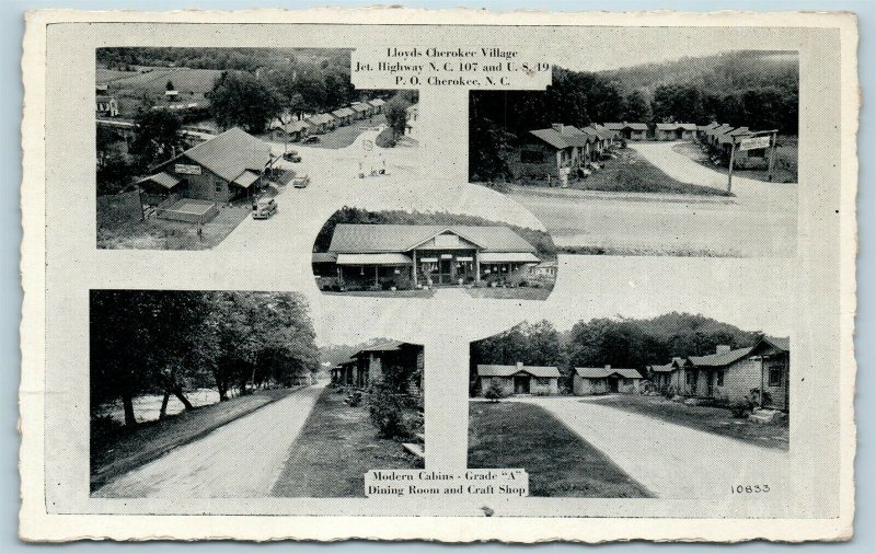 Postcard NC Ela North Carolina Multiview Lloyds Cherokee Village Cabins 1940 AB3