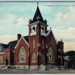 c1909 Laramie, WY Presbyterian Church Stained Glass Bell Tower Postcard Wyo A196