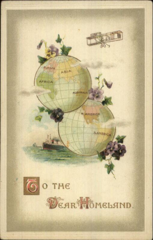 Earth Globes Biplane Steamship DEAR HOMELAND #2377 c1910 Postcard 