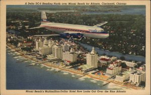 Delta Airlines Airplane over Miami Beach Linen Postcard