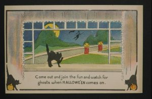 1910s Halloween Postcard Scared Black Cats, Witch on a Broom, Jack-O'-Lantern