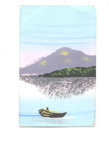 Hand Painted Watercolour Boat and Mountain
