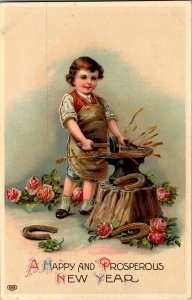 Child as Blacksmith, Horseshoes, Happy New Year c1914 Vintage Postcard F64