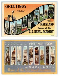 2 Large Letter Linens ANNAPOLIS, MD ~ NAVAL ACADEMY Curteich, Dexter  Postcard