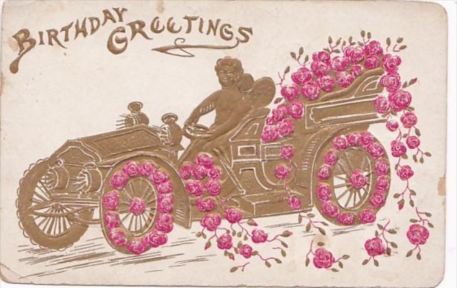 Birthday Greetings Cupid Driving Gold Car Decorated With Red Roses