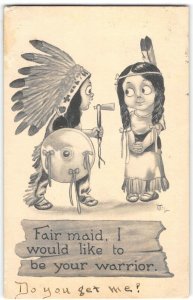 Indian Couple Wall Artist-Signed Comic Native Americana 1912 Ithaca, NY Postcard