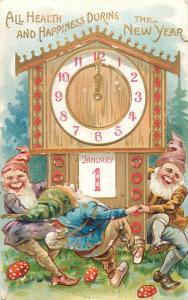 Old embossed dancing dwarfs party 1st of January happy New Year clock mushrooms