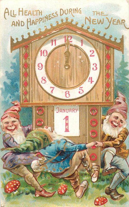 Old embossed dancing dwarfs party 1st of January happy New Year clock mushrooms